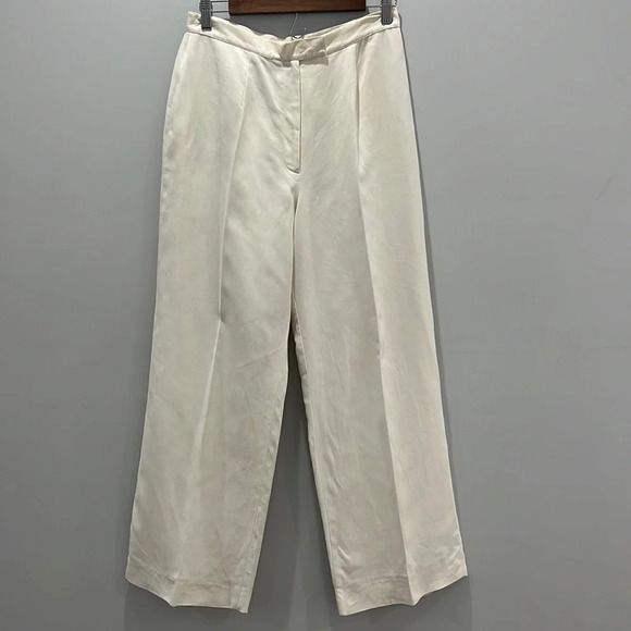 Lauren Ralph Lauren 100% Silk Women Off White Pants Wide Leg Elegant Size 12P - Picture 1 of 9